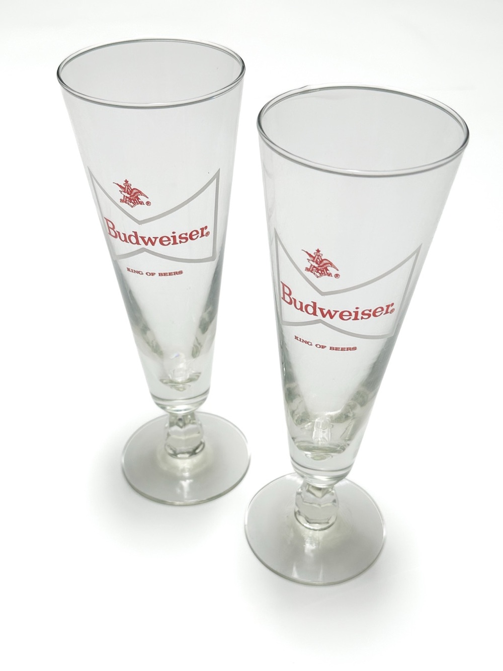 Vintage 70s Budweiser Champagne Toasting Set Bowtie Pilsner Fluted Tall Glasses